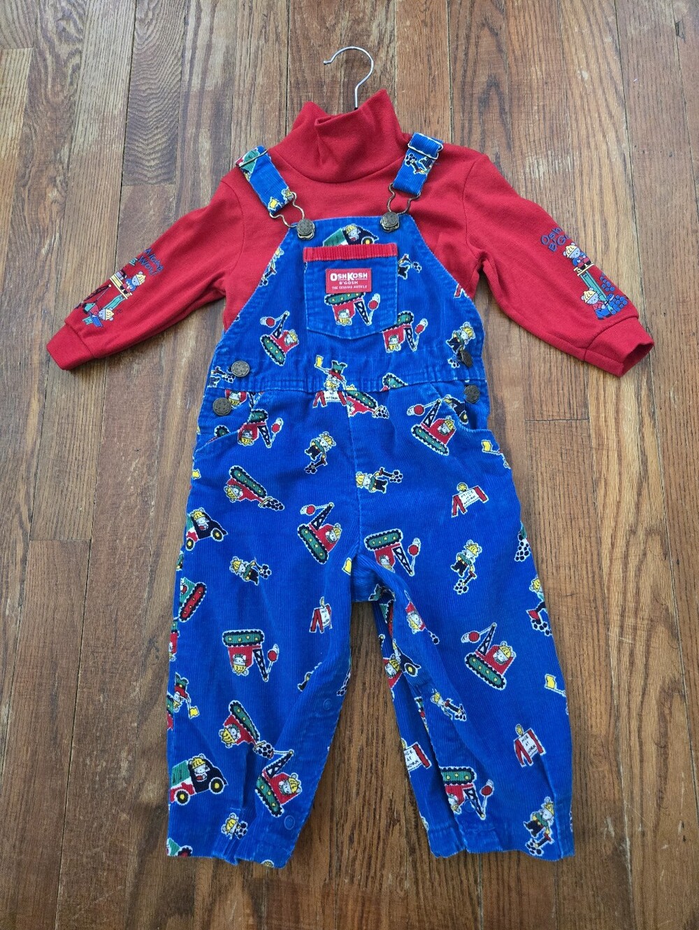 Vintage Oshkosh B'gosh Mice Construction Corduroy Overalls Set 24 M Red Shirt